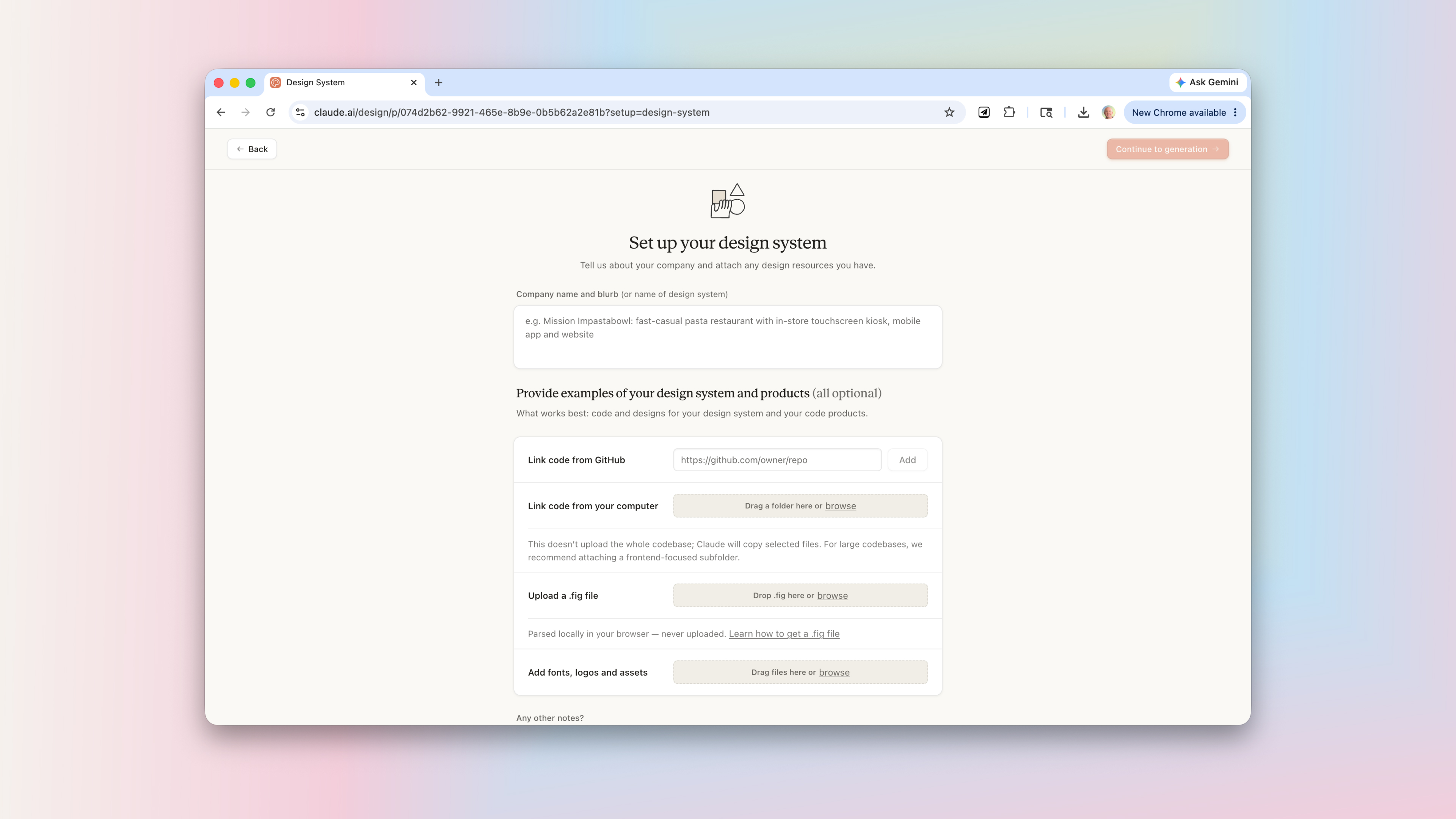 Claude design system setup screen