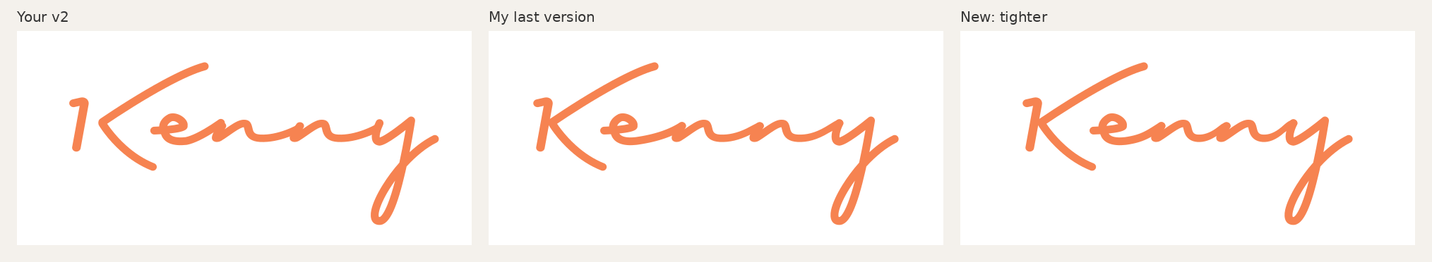 three handwritten kenny logo versions side by side