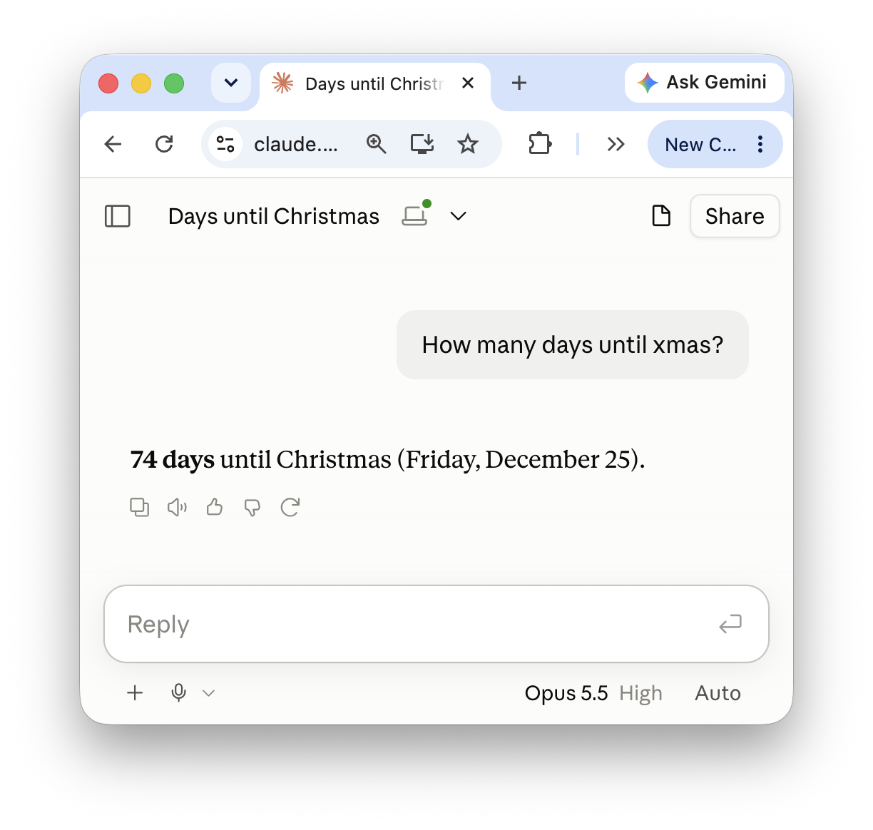 Claude chat titled Days until Christmas, answering how many days until xmas with 74 days until Christmas (Friday, December 25)