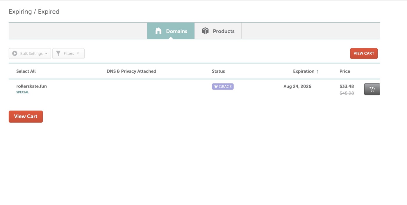 Domain registrar expiring list showing rollerskate.fun in grace period, renewal price $33.48, down from $48.98
