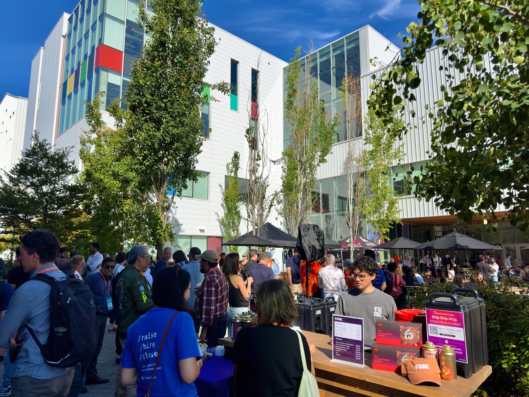 The courtyard at Emily Carr, coffee line and lanyards everywhere