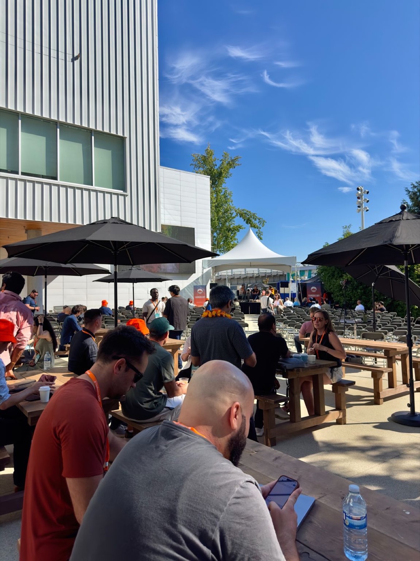 Picnic tables filling up in front of the main stage