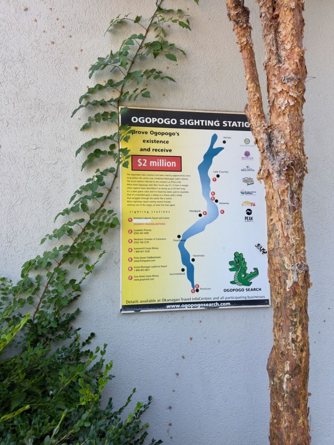 Ogopogo Sighting Station sign offering $2 million to prove the creature exists