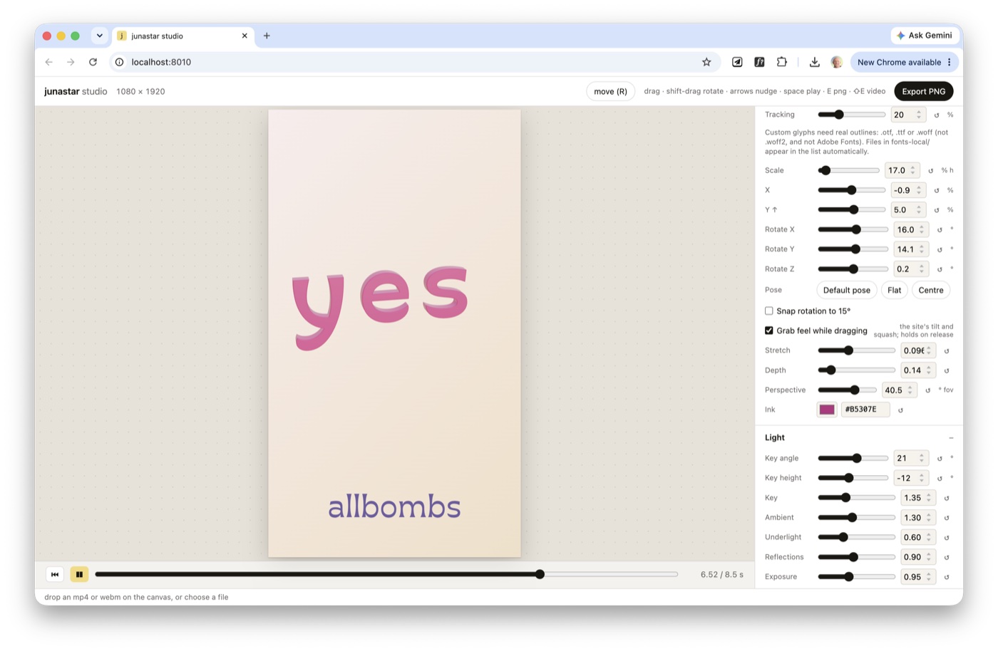 junastar studio running on localhost, a pink 3D "yes" on a cream 1080 by 1920 canvas with pose and light controls in the side panel