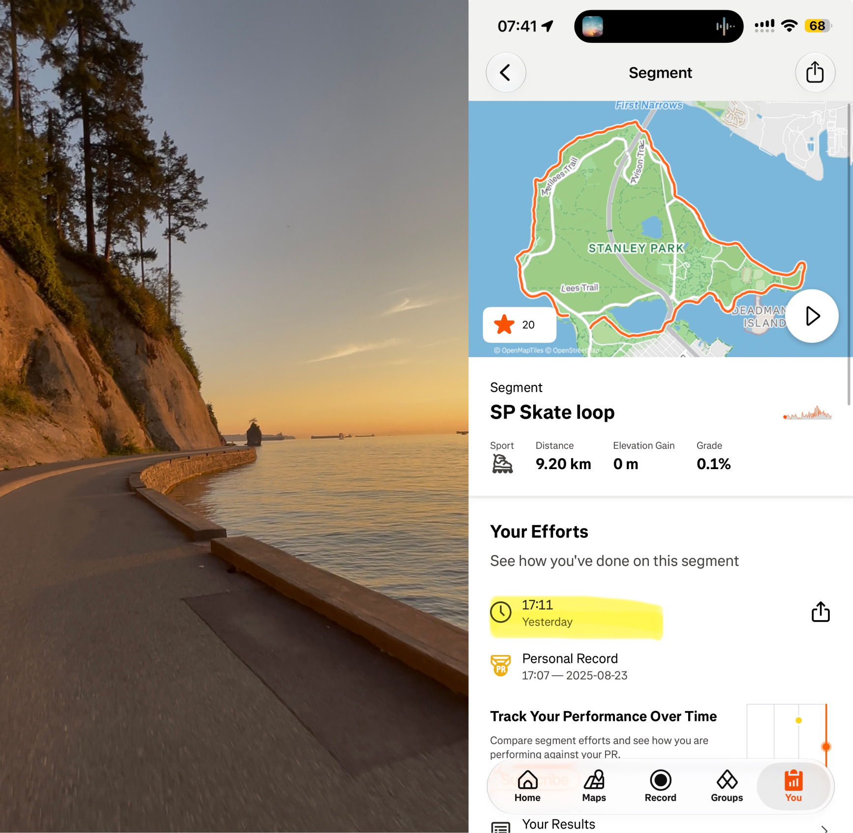 Stanley Park seawall at sunrise, and the Strava segment showing 17:11 against a 17:07 PR