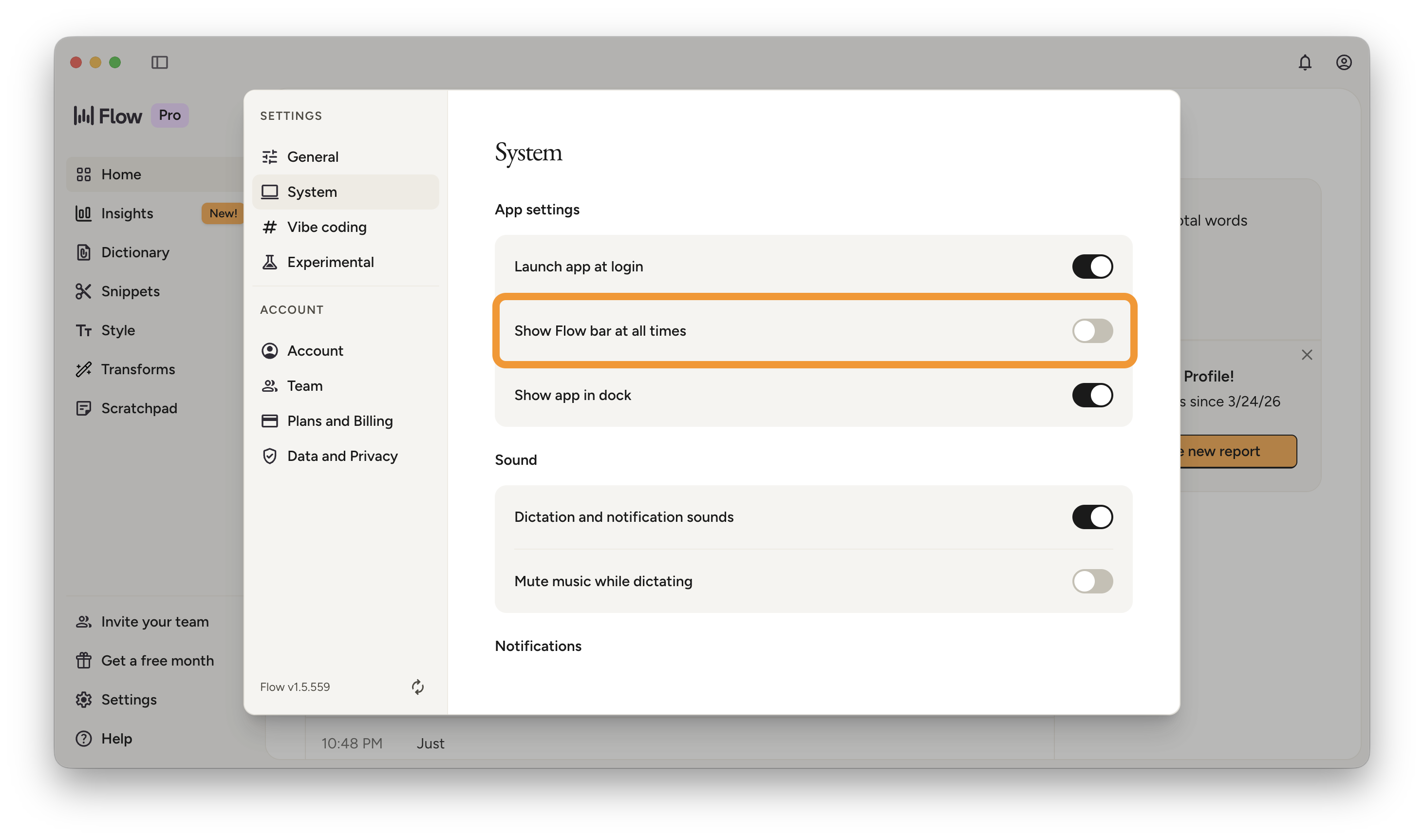 Wispr Flow settings — toggle off 'Show Flow bar at all times'