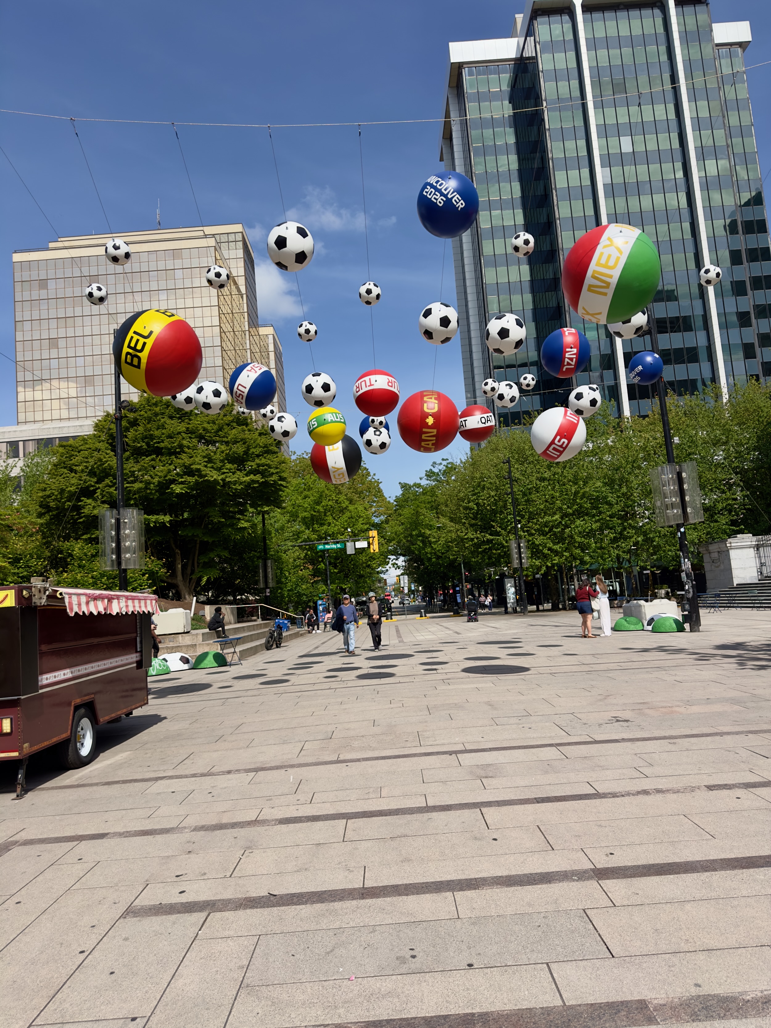 World Cup soccer ball decorations hanging downtown Vancouver